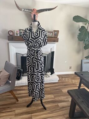 Black & White Geometric Wrap Maxi jumpsuit with Self-Tie Belt